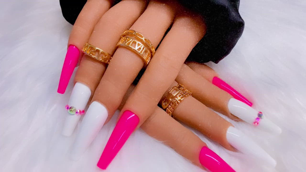 Pink & White Nails Design With Rhinestones Press on Nails Pink and