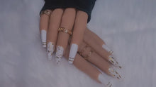 Load and play video in Gallery viewer, White and Gold Accent Press on Nails|NailzFirst
