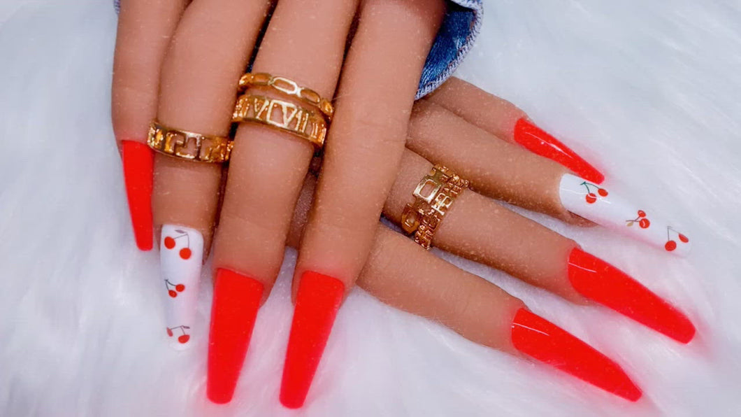 Red and White Cherry Press on Nails|NailzFirst