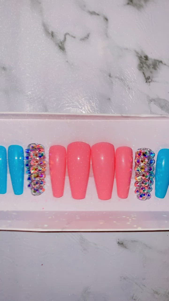 Light Pink and Blue Bling Press on Nails|NailzFirst