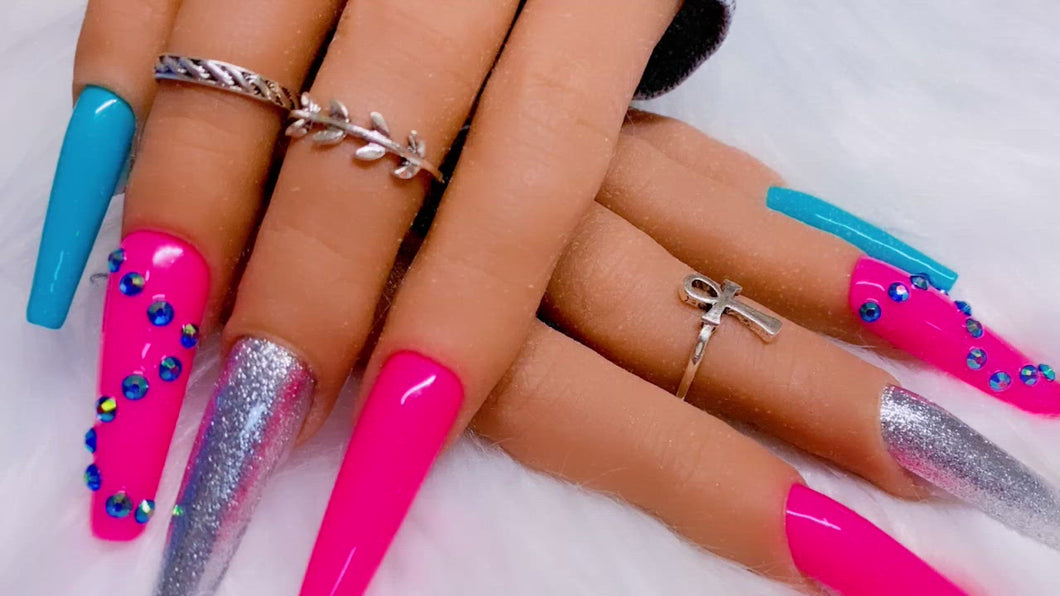 Pink, Blue, and Silver Press on Nails|NailzFirst