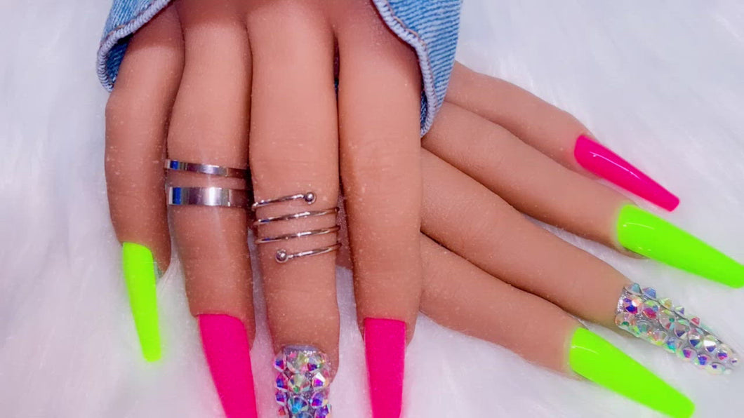 Pink and Green Bling Press on Nails|NailzFirst
