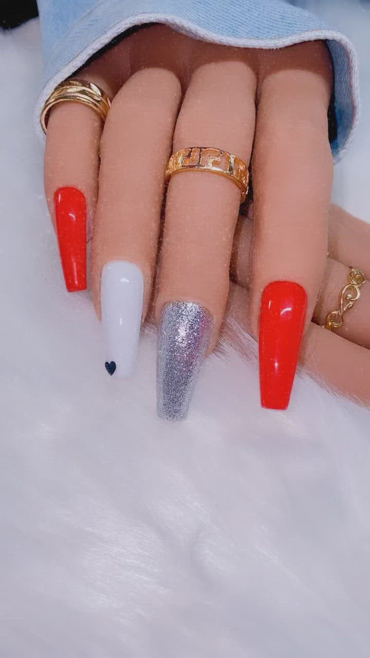Red Silver and White Heart Press on Nails
