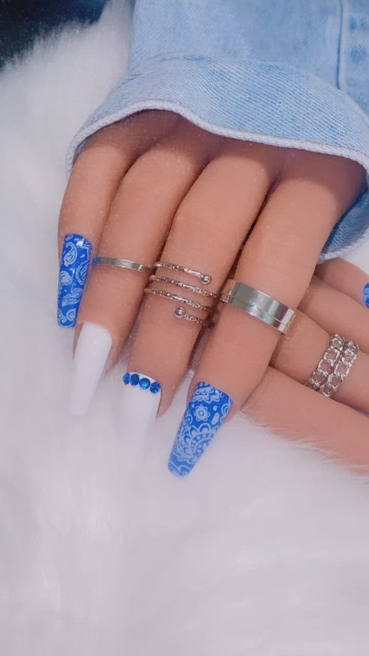 Blue and White Bandana Press on Nails|NailzFirst