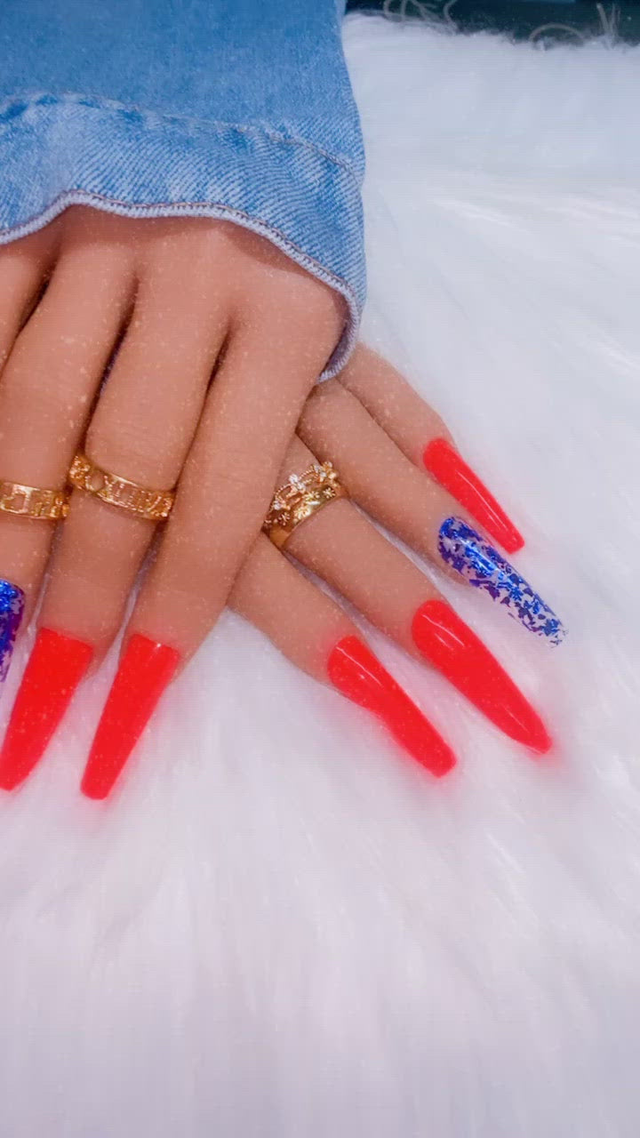 Red nails with Blue flake accents|NailzFirst