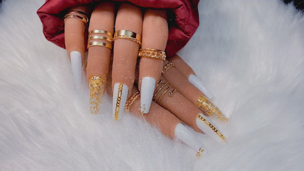 White and Gold Accent Press on Nails|NailzFirst