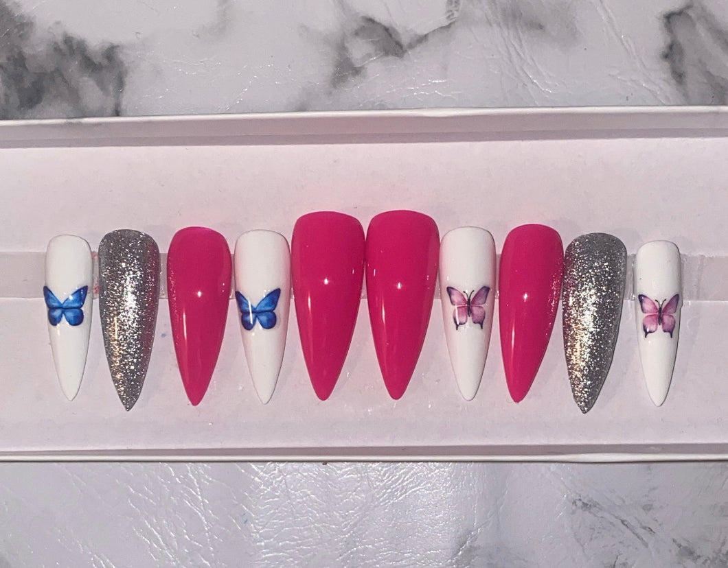 Pink White and Silver Glitter Butterfly Press on Nails|NailzFirst