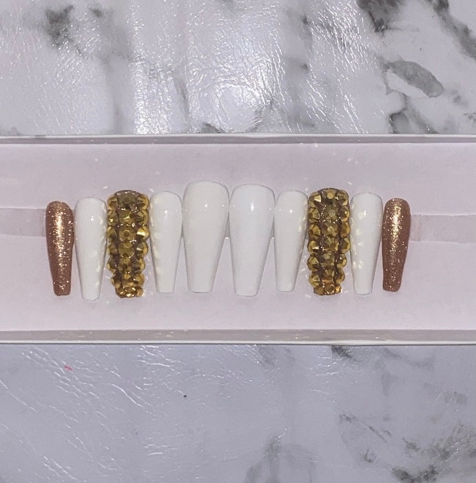 White and Gold Bling Press on Nails|NailzFirst
