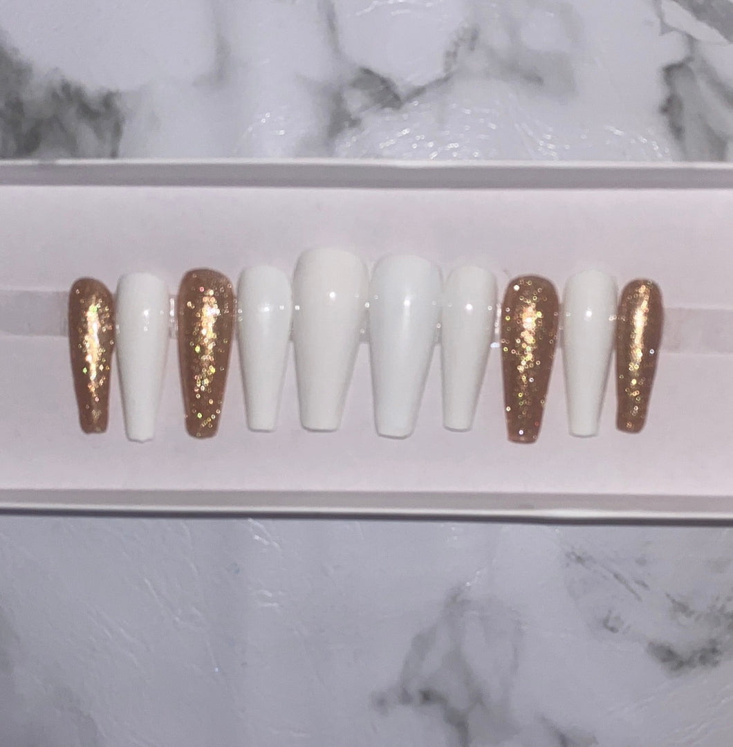 White and Gold Glitter Press on Nails|NailzFirst