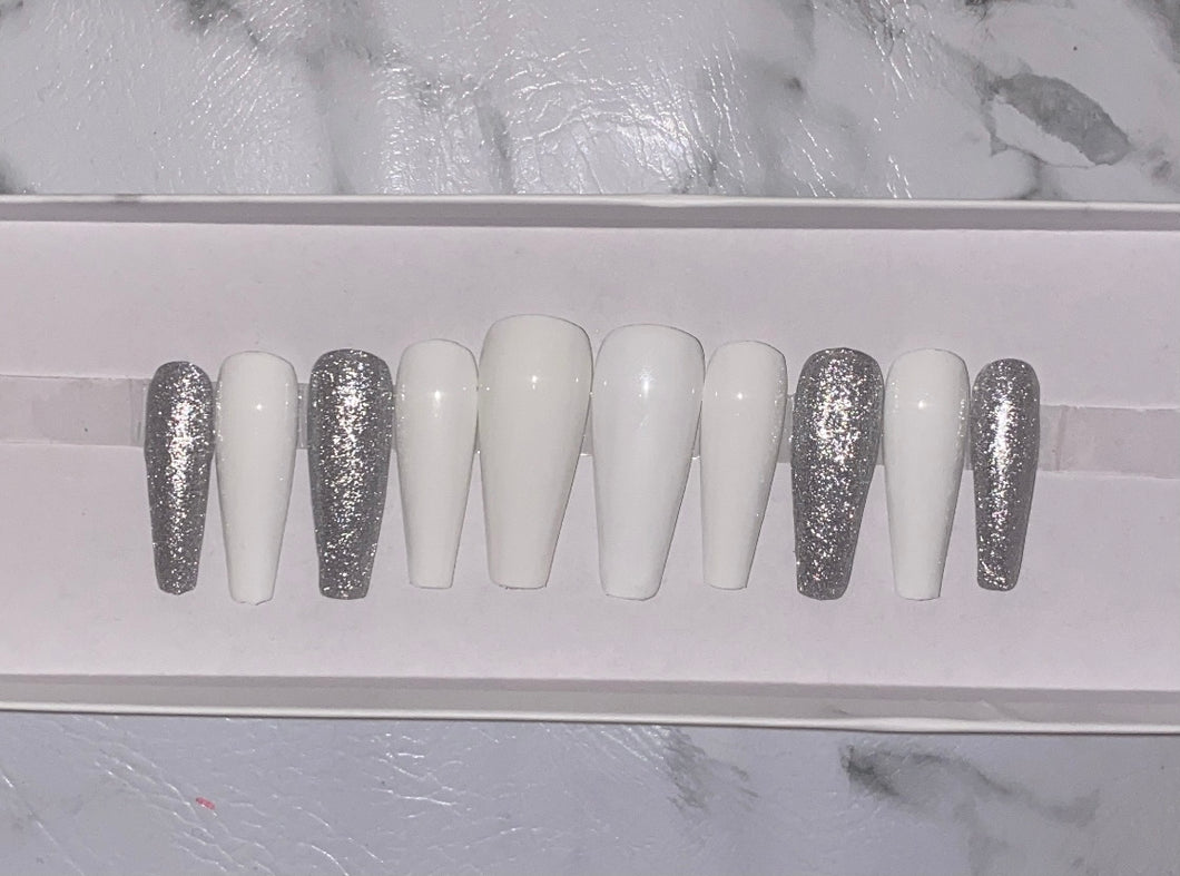 White and Silver Glitter Press on Nails|NailzFirst