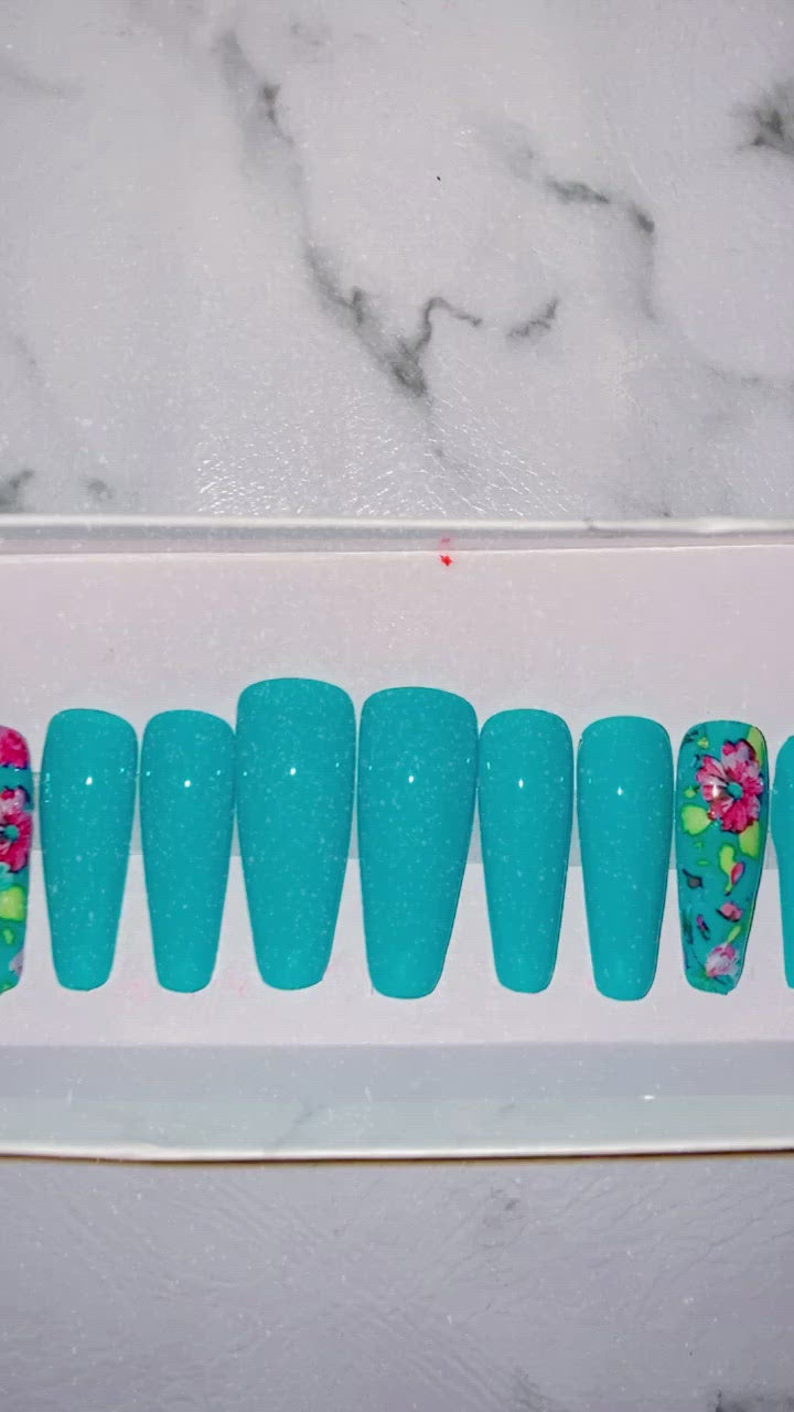 Aqua Blue Flower Press on Nails|NailzFirst