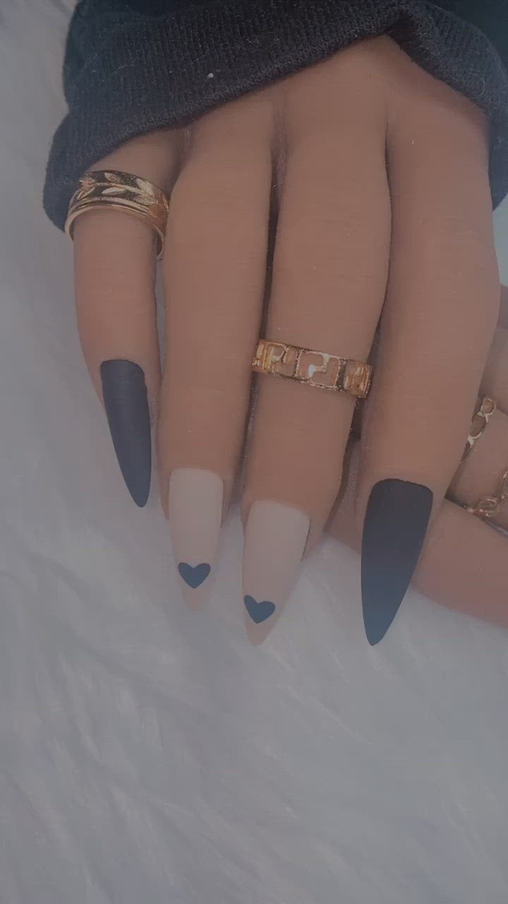 Black and Nude Matte Heart Press on Nails|NailzFirst