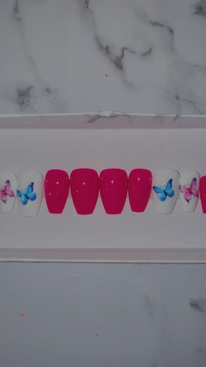 Pink and White Short Butterfly Press on Nails|NailzFirst