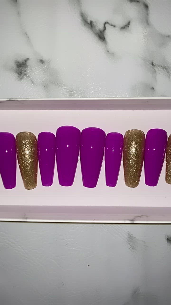Purple and Gold Glitter Press on Nails|NailzFirst