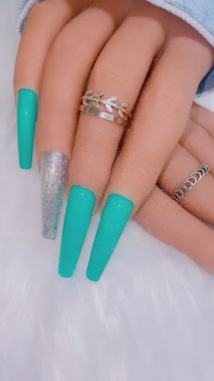 Tiffany Blue and Silver Glitter Press on Nails|Nailz First