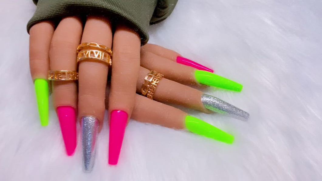 Pink and Green Glitter Press on Nails|NailzFirst